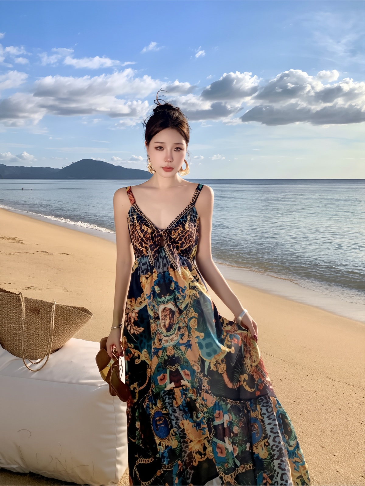 Retro Printed Maxi Dress for Women - Vintage Chic Seaside Vacation Long Dress