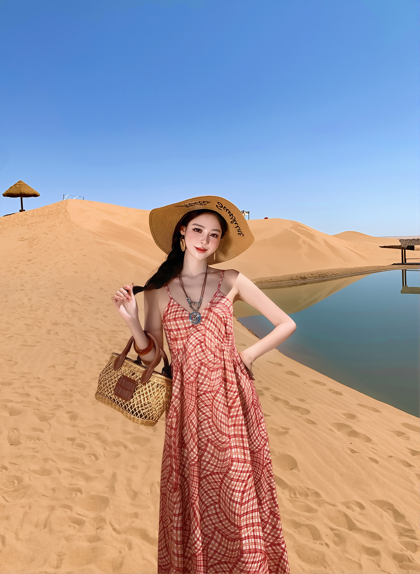 Plaid Suspender Maxi Dress for Women - Loose Fit V-Neck Beach Cover Up, Casual Resort Wear