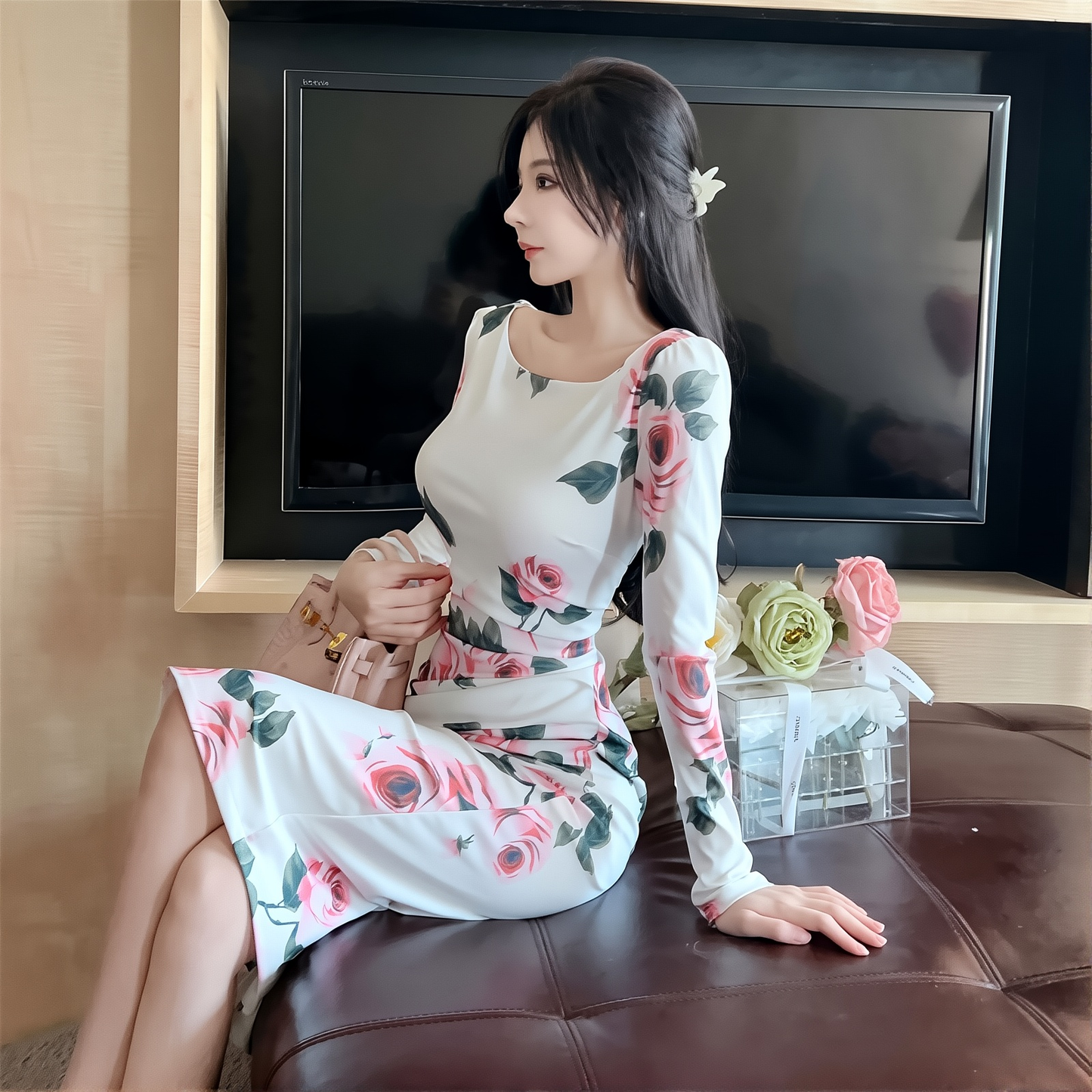 Cross-border Women's Clothing Autumn New Elegant Elegant Pleated Slim Slimming Mid-length One-step Dress Printed Dress