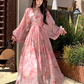 French Style Floral Tulle Dress - Elegant V-Neck A-Line Gown with Lantern Sleeves