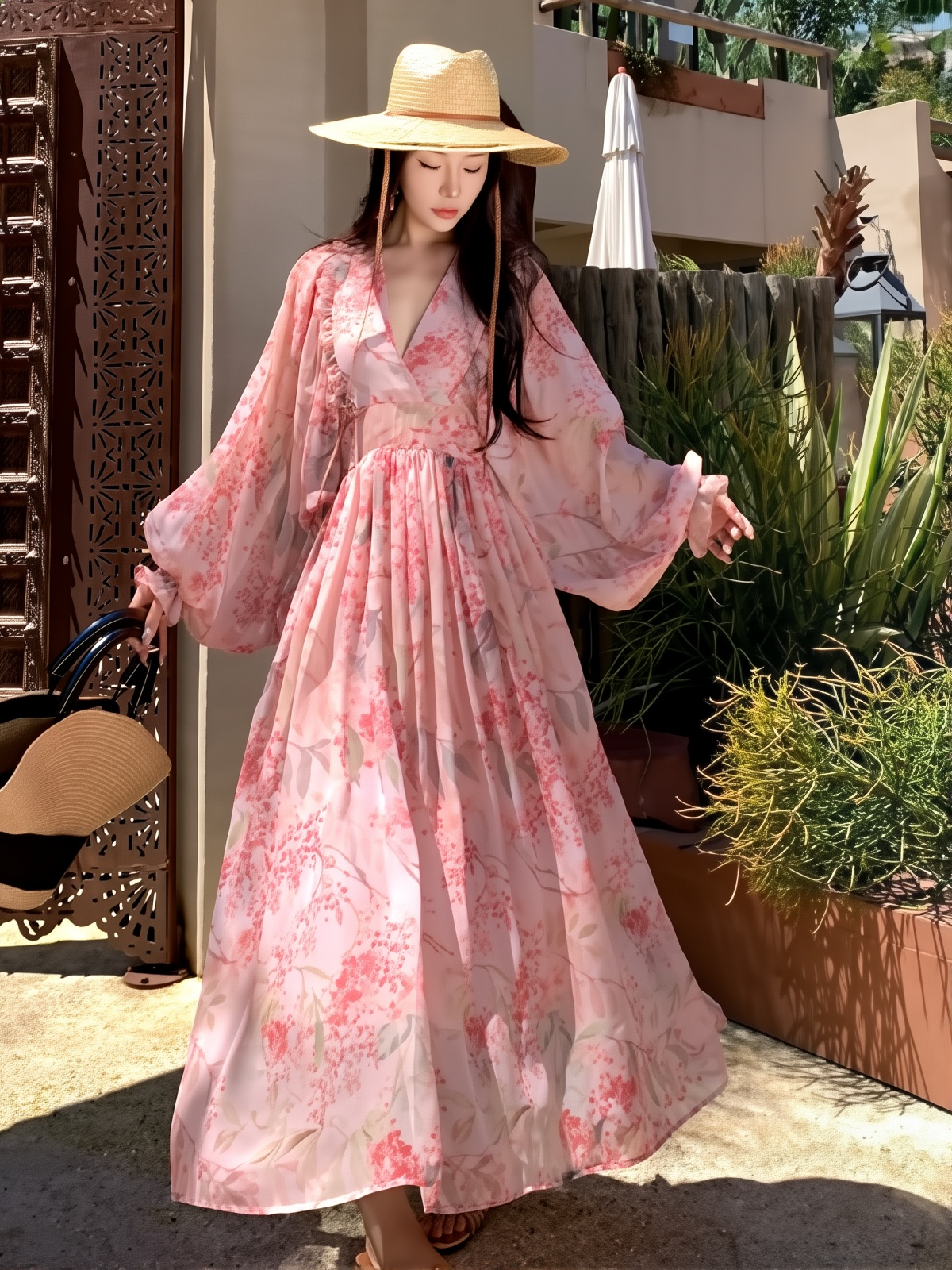 French Style Floral Tulle Dress - Elegant V-Neck A-Line Gown with Lantern Sleeves