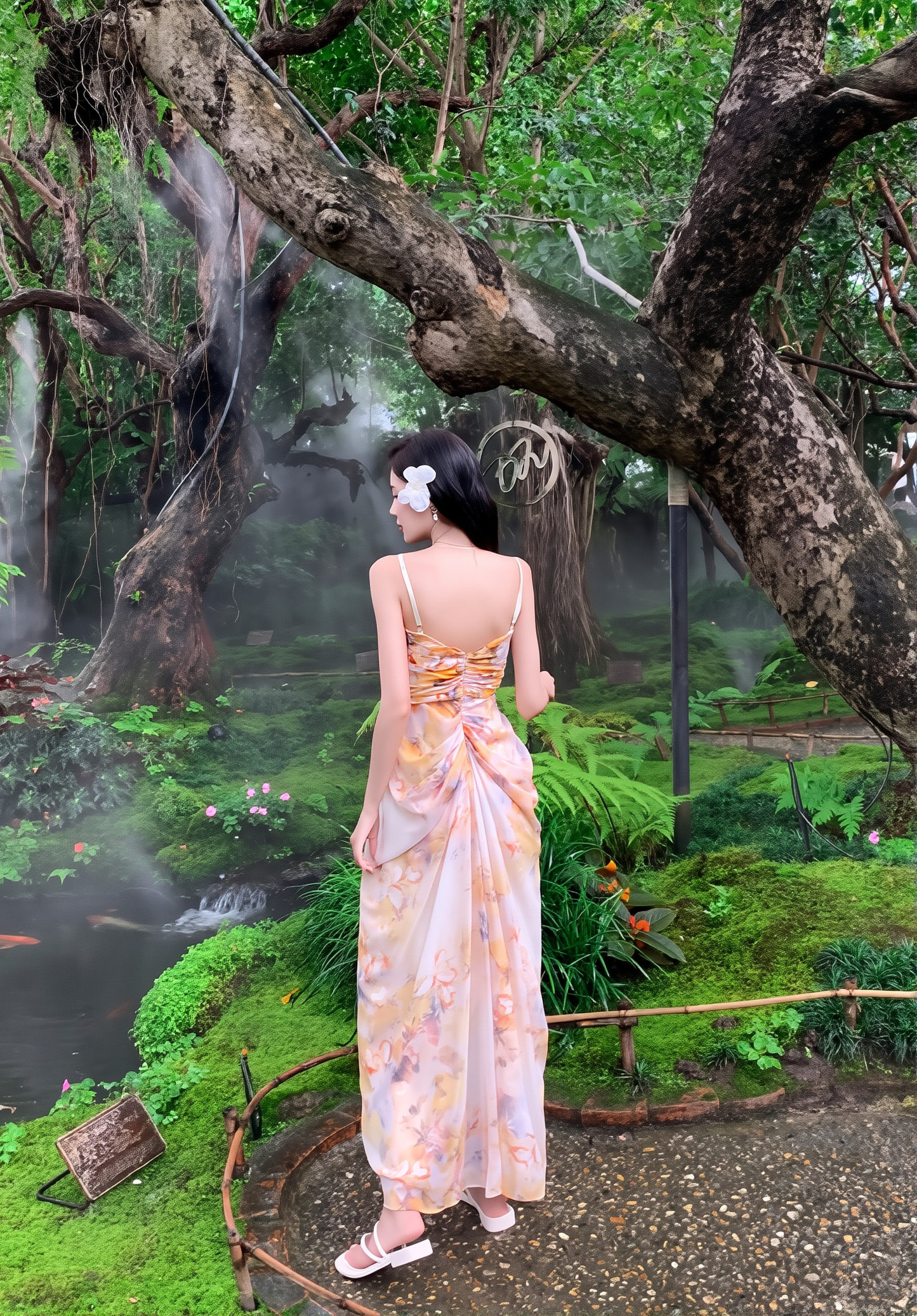 Wearable Art: French Vintage Oil Painting Sling Dress for Seaside Elegance