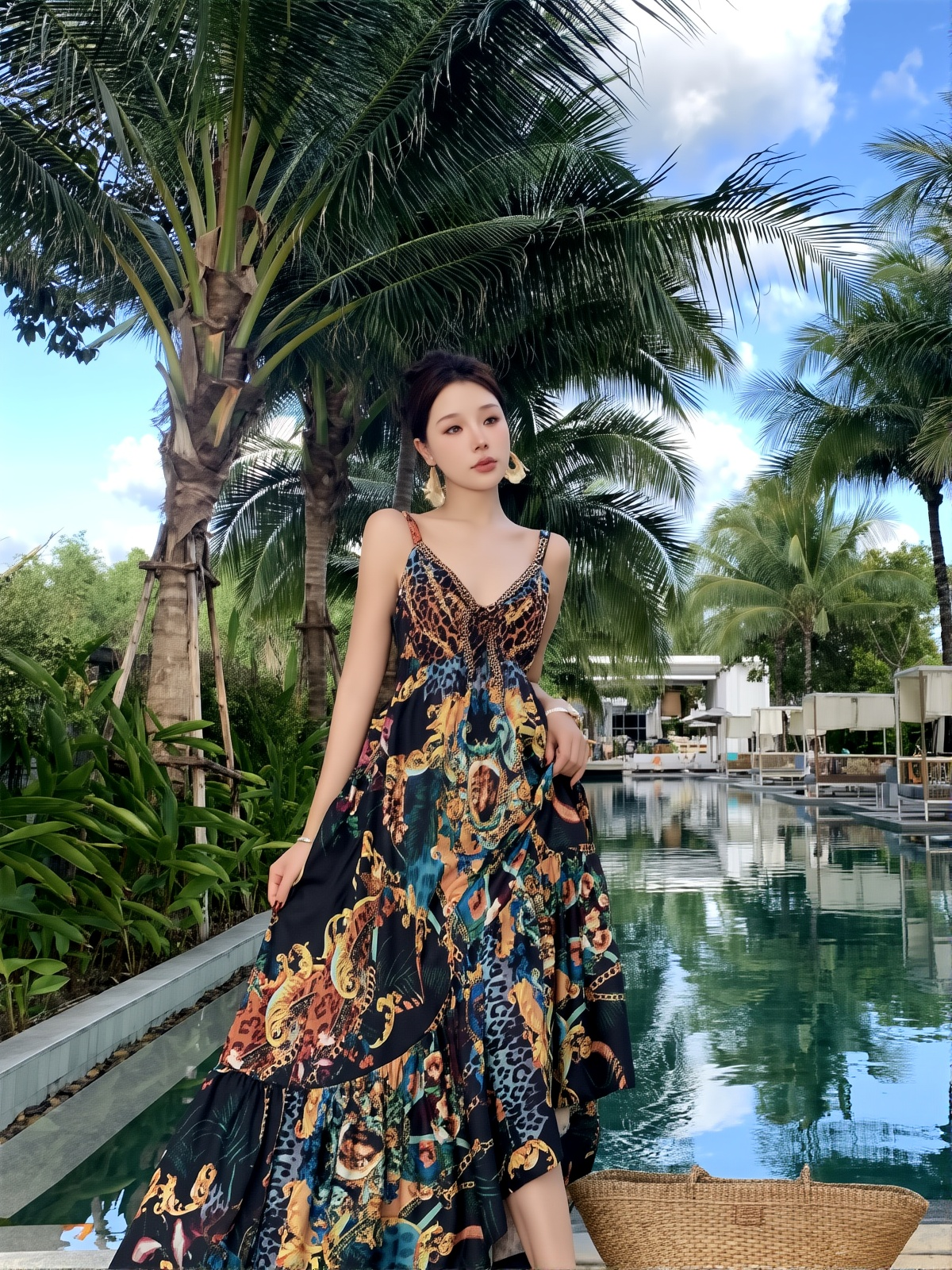 Retro Printed Maxi Dress for Women - Vintage Chic Seaside Vacation Long Dress