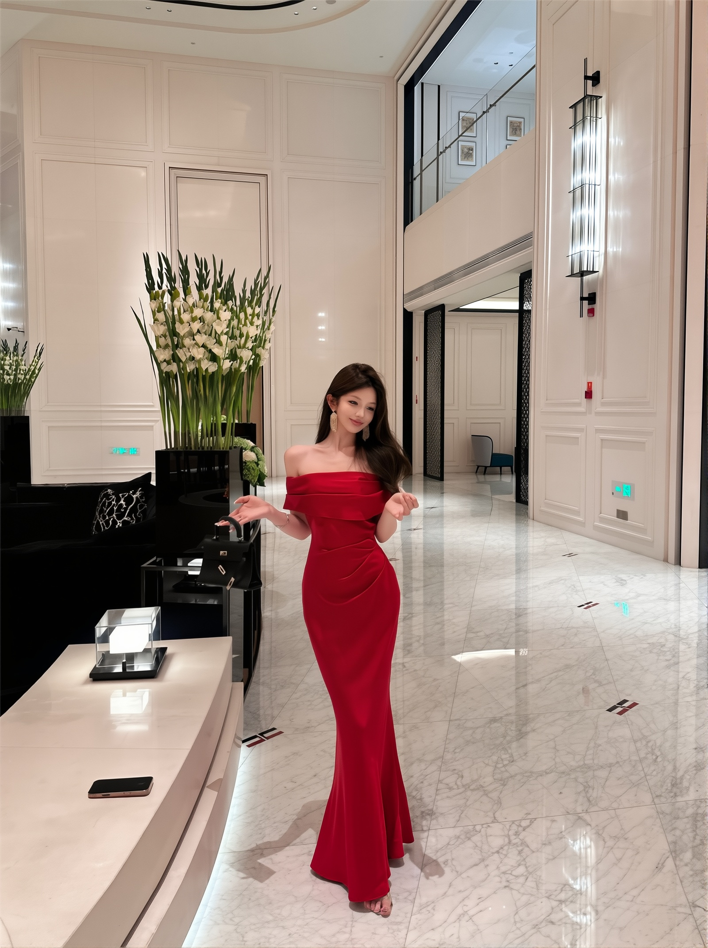 French Sloping Shoulder Red Engagement Dress - Lady Style Hip-Covering Bride's Gown