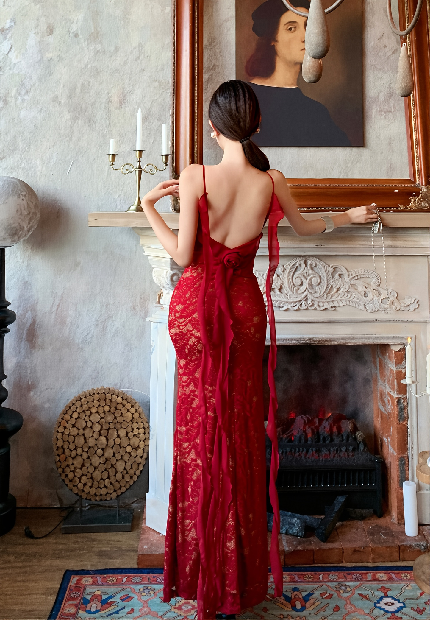 Red Lace Suspender Dress - Sexy Backless Long Vacation Maxi