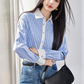 Real Shot In Stock Korean Striped Lapel Long Sleeve Shirt Women's 2025 Autumn New Fake Two-piece Stitching Top