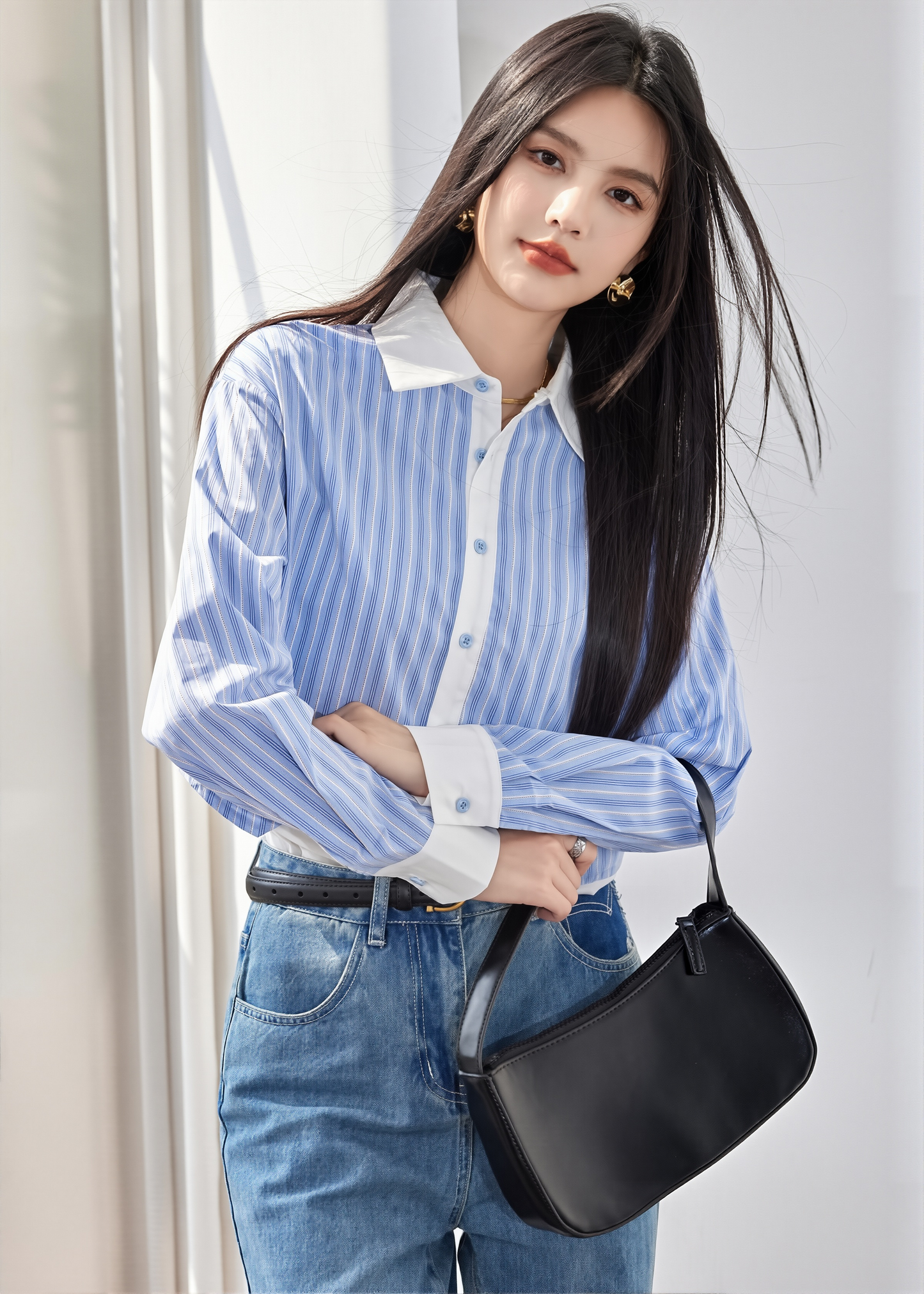 Real Shot In Stock Korean Striped Lapel Long Sleeve Shirt Women's 2025 Autumn New Fake Two-piece Stitching Top