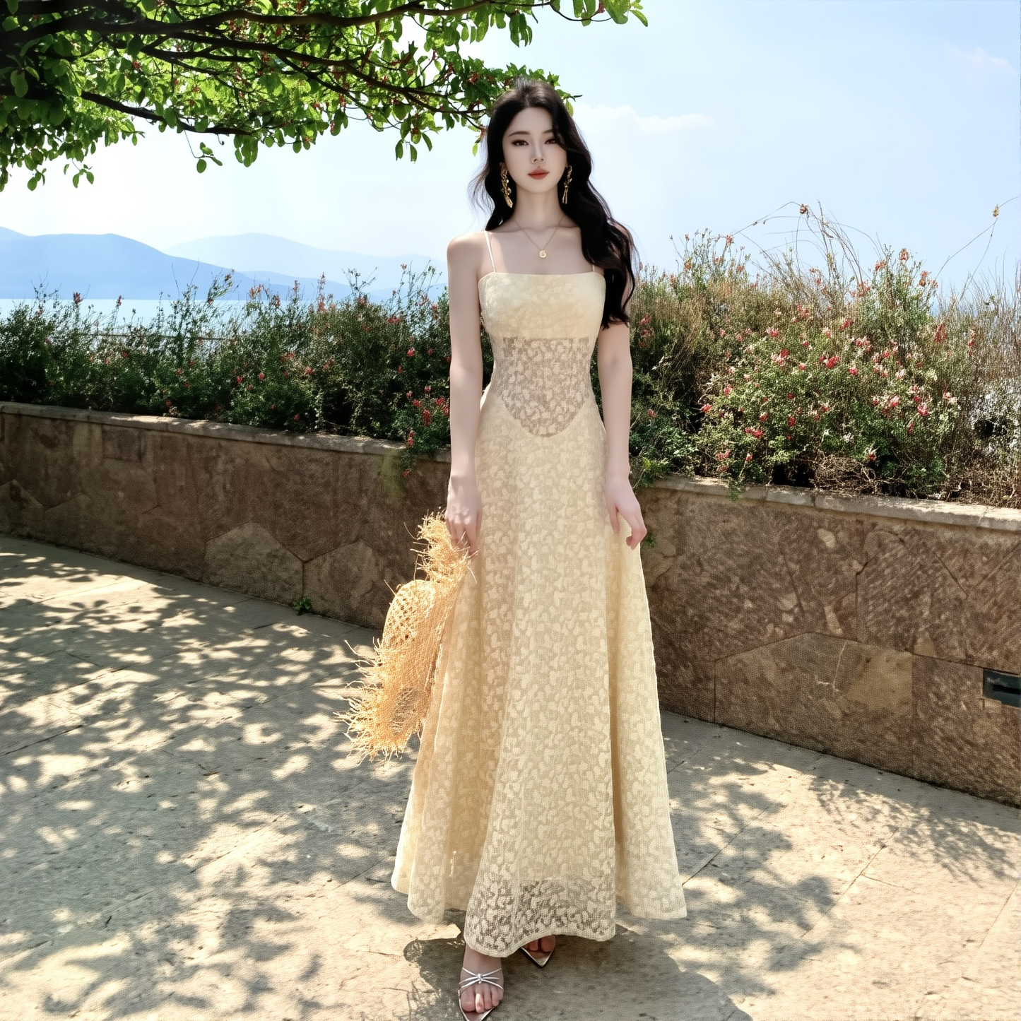 Seaside Vacation Dress French Style - Lace Floral Hollow Out Suspender Skirt Gentle Elegant