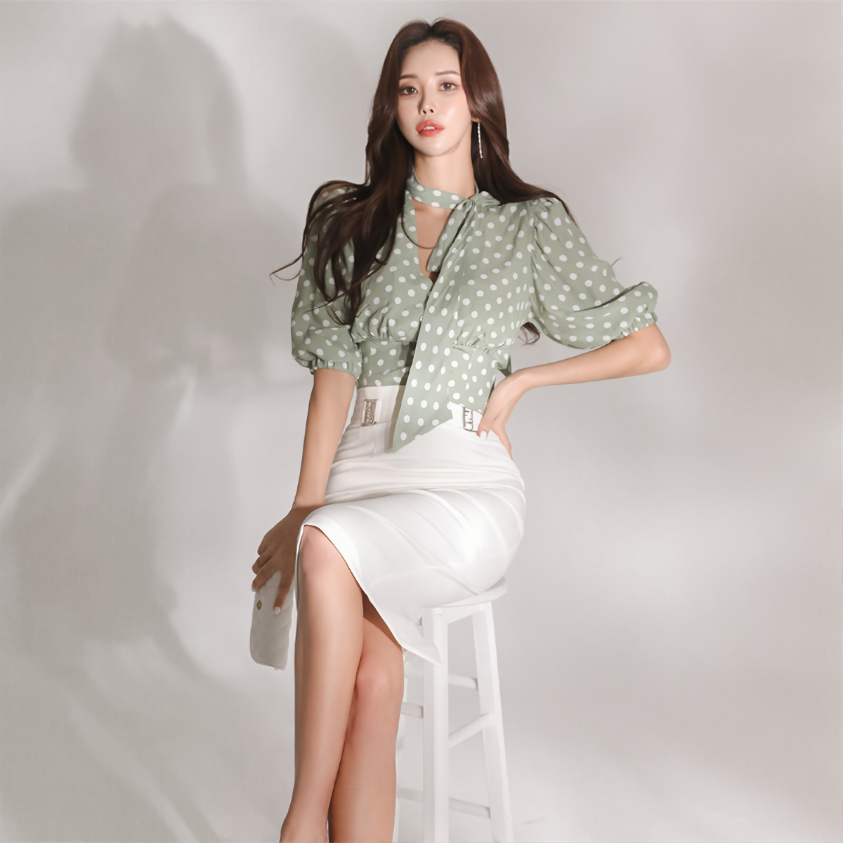 Summer Korean Polka Dot Two-Piece Set - Ribbon Lantern Sleeve Shirt & High Waist Skirt