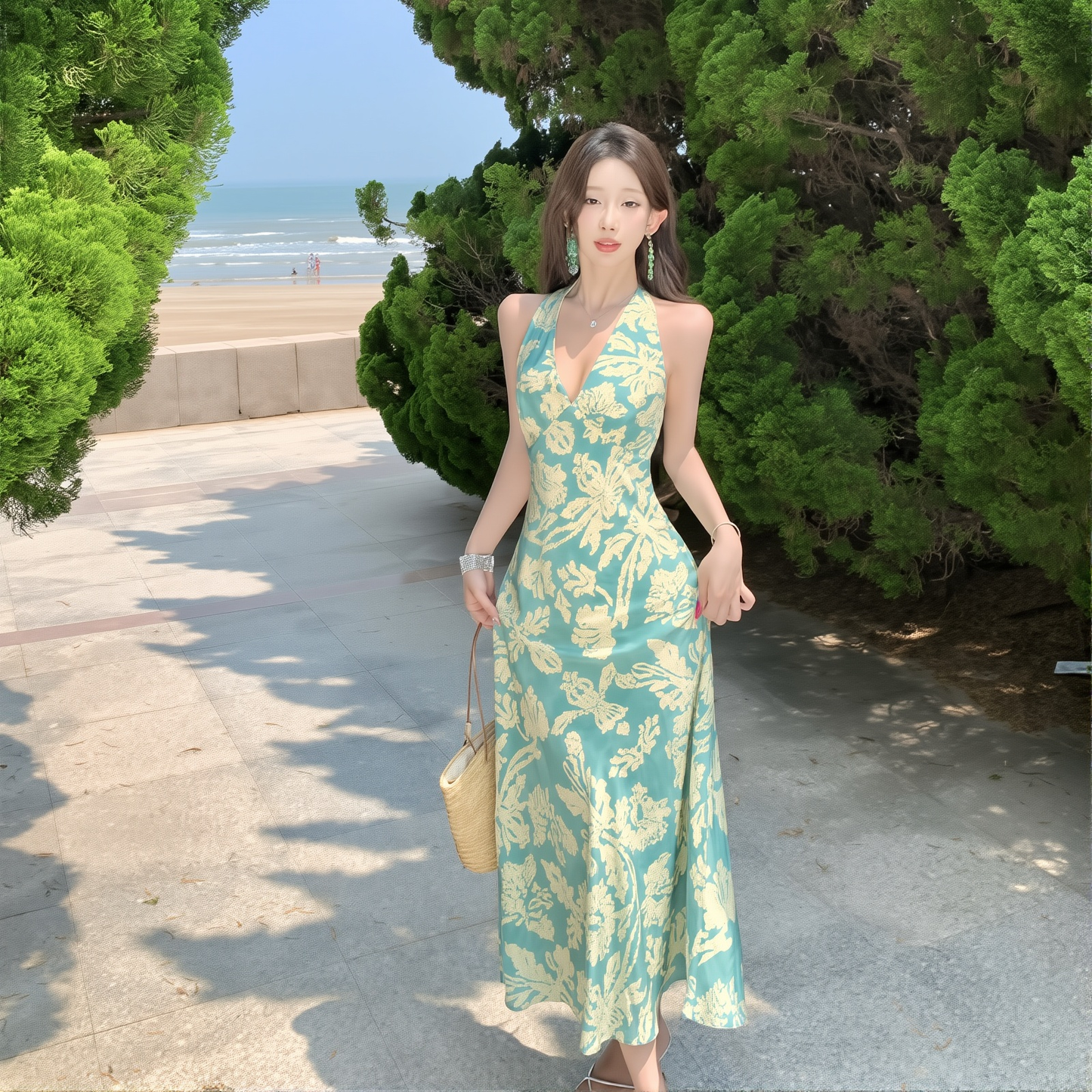 Peacock Blue French Halter Dress - V-Neck Backless Summer Gown