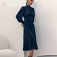 High Collar Cocktail Dress - Long Sleeve A-Line Mid-Length Skirt
