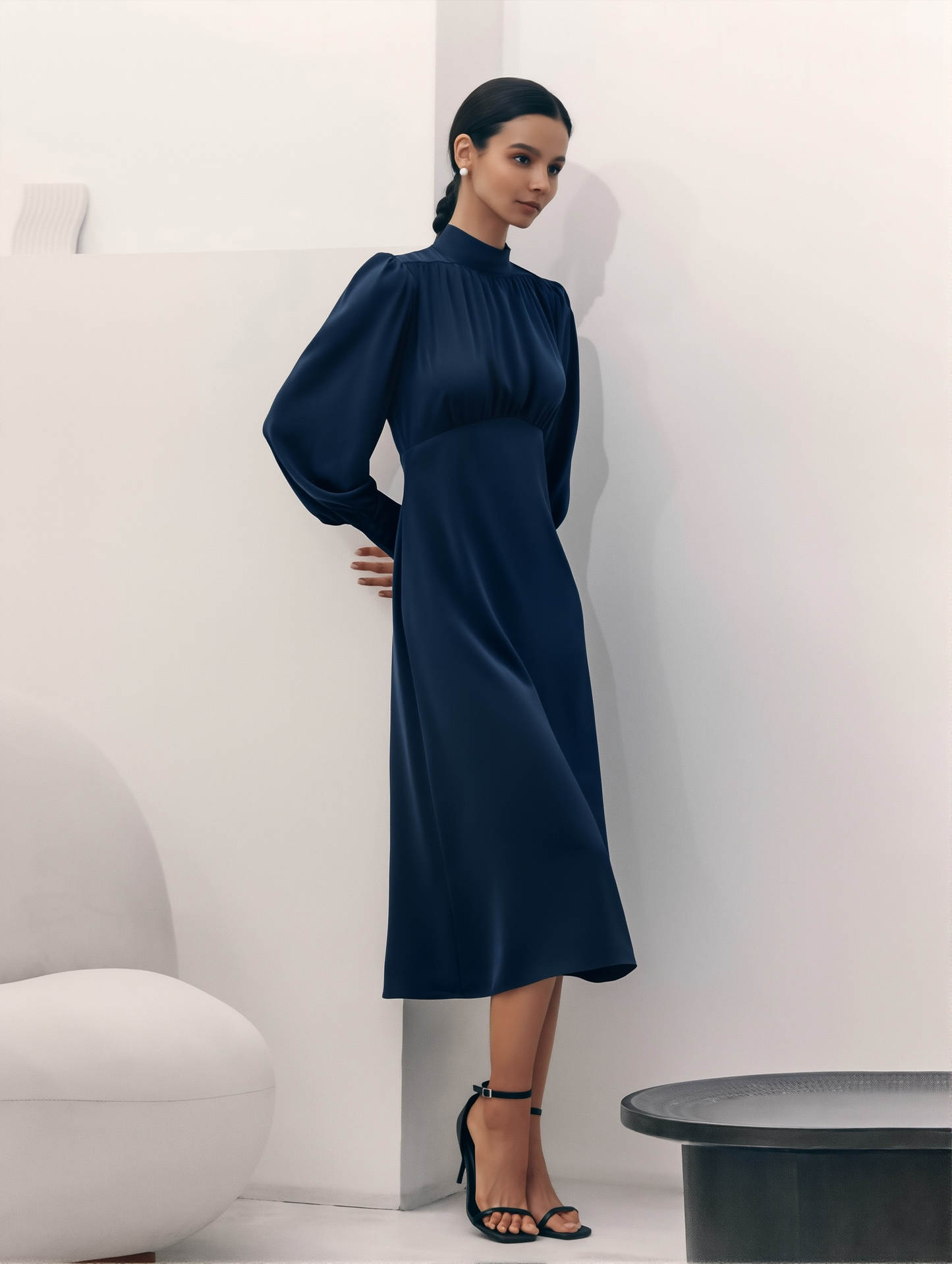 High Collar Cocktail Dress - Long Sleeve A-Line Mid-Length Skirt