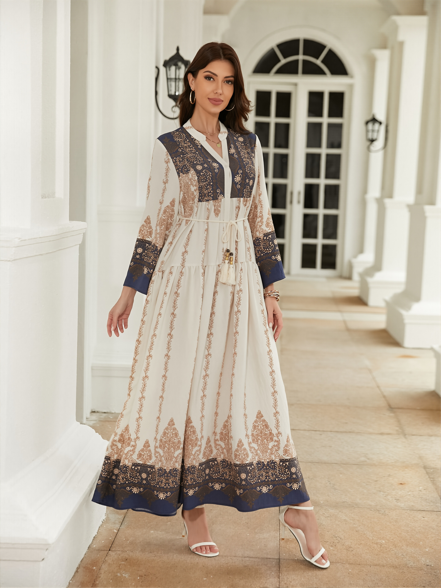 Muslima Summer Dress - Long Sleeved Elegant Printed Maxi in Cotton-Silk