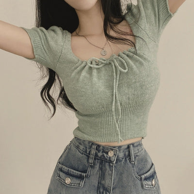 Square Collar Drawstring Short Knitwear Slim Top