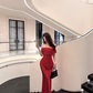French Sloping Shoulder Red Engagement Dress - Lady Style Hip-Covering Bride's Gown