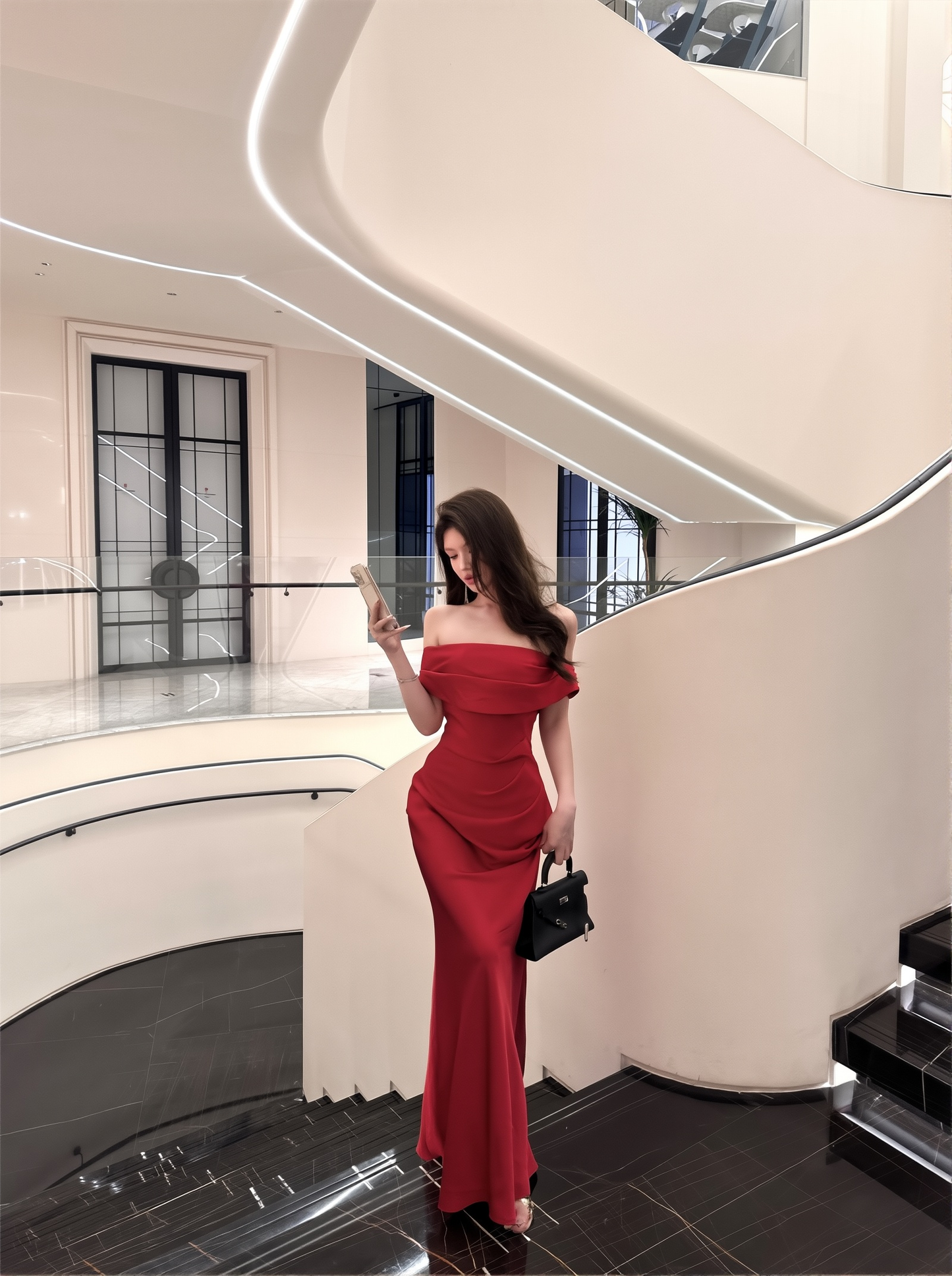 French Sloping Shoulder Red Engagement Dress - Lady Style Hip-Covering Bride's Gown