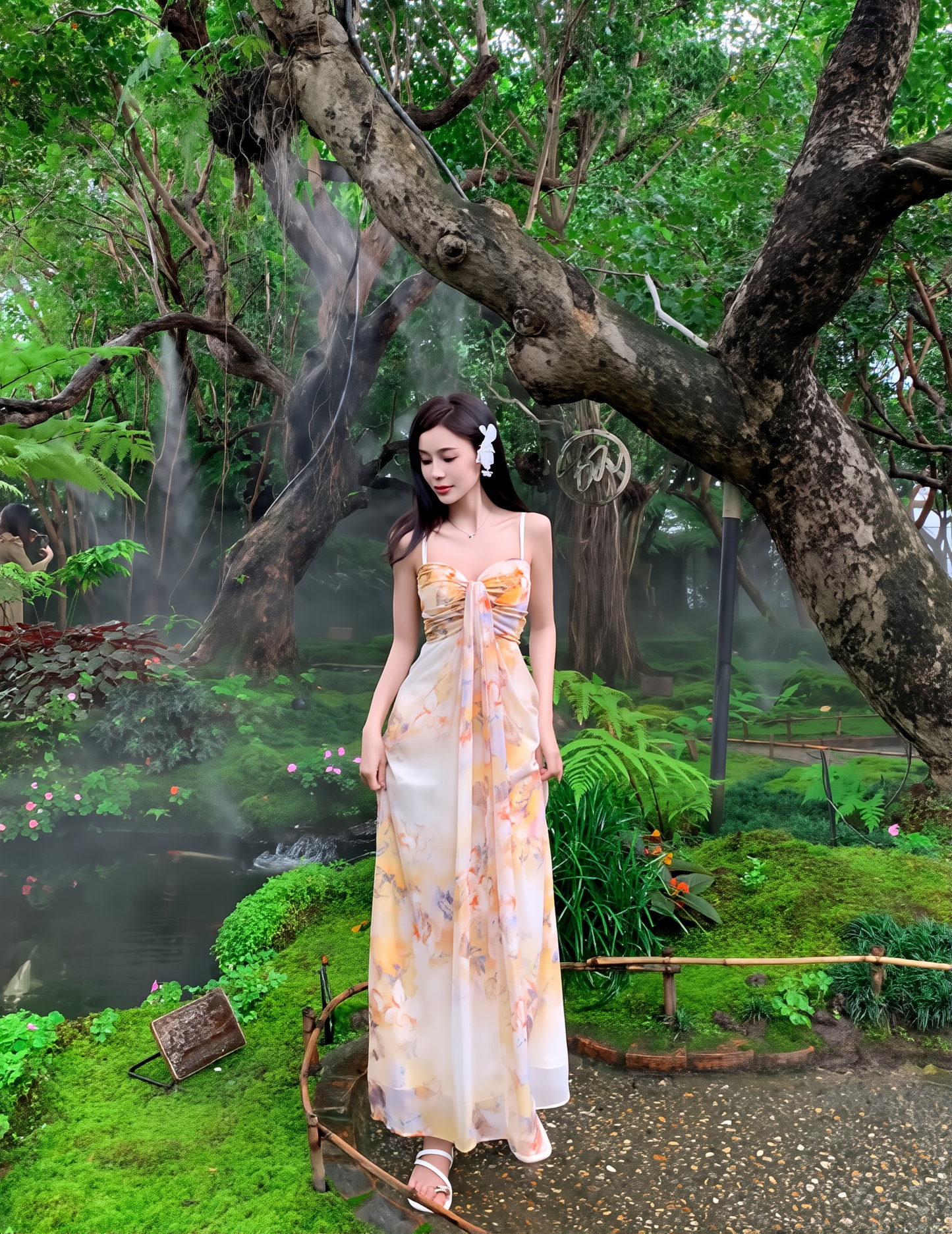 Wearable Art: French Vintage Oil Painting Sling Dress for Seaside Elegance