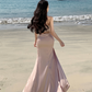 Pink Satin Strapless Gown with Bow Detail | French Riviera Beach Dress