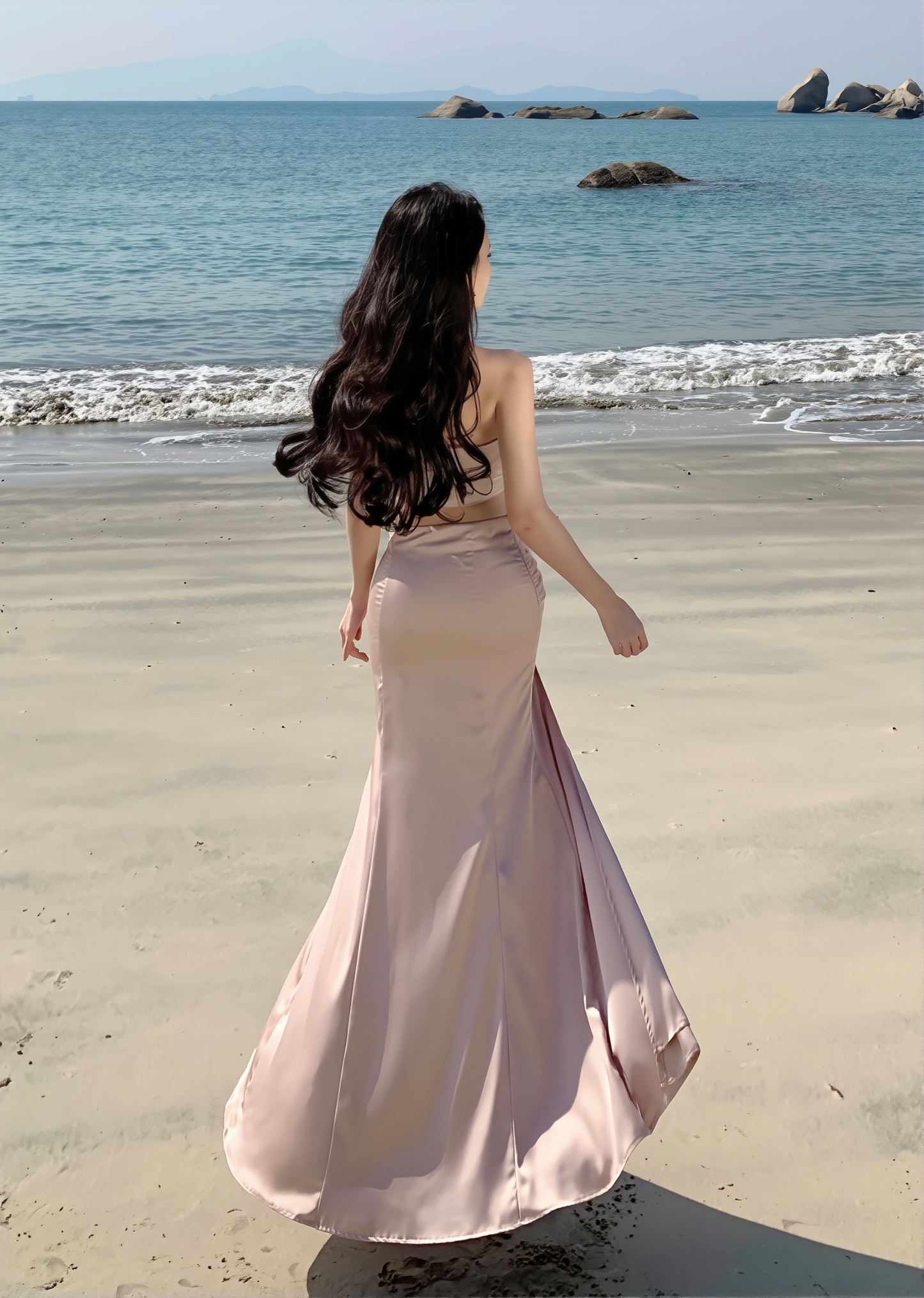 Pink Satin Strapless Gown with Bow Detail | French Riviera Beach Dress