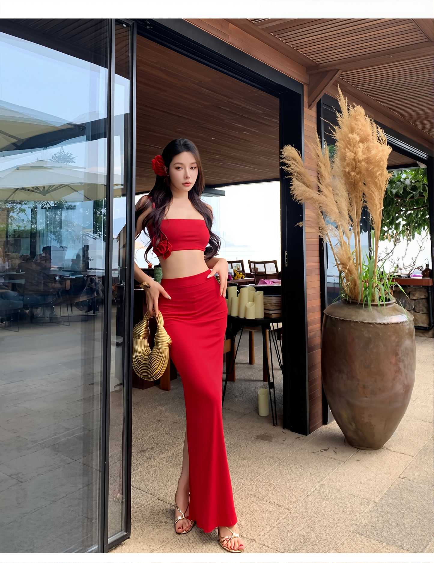 Spice Girl Two-Piece Set: Sexy Sling Skirt with Long Dress Top