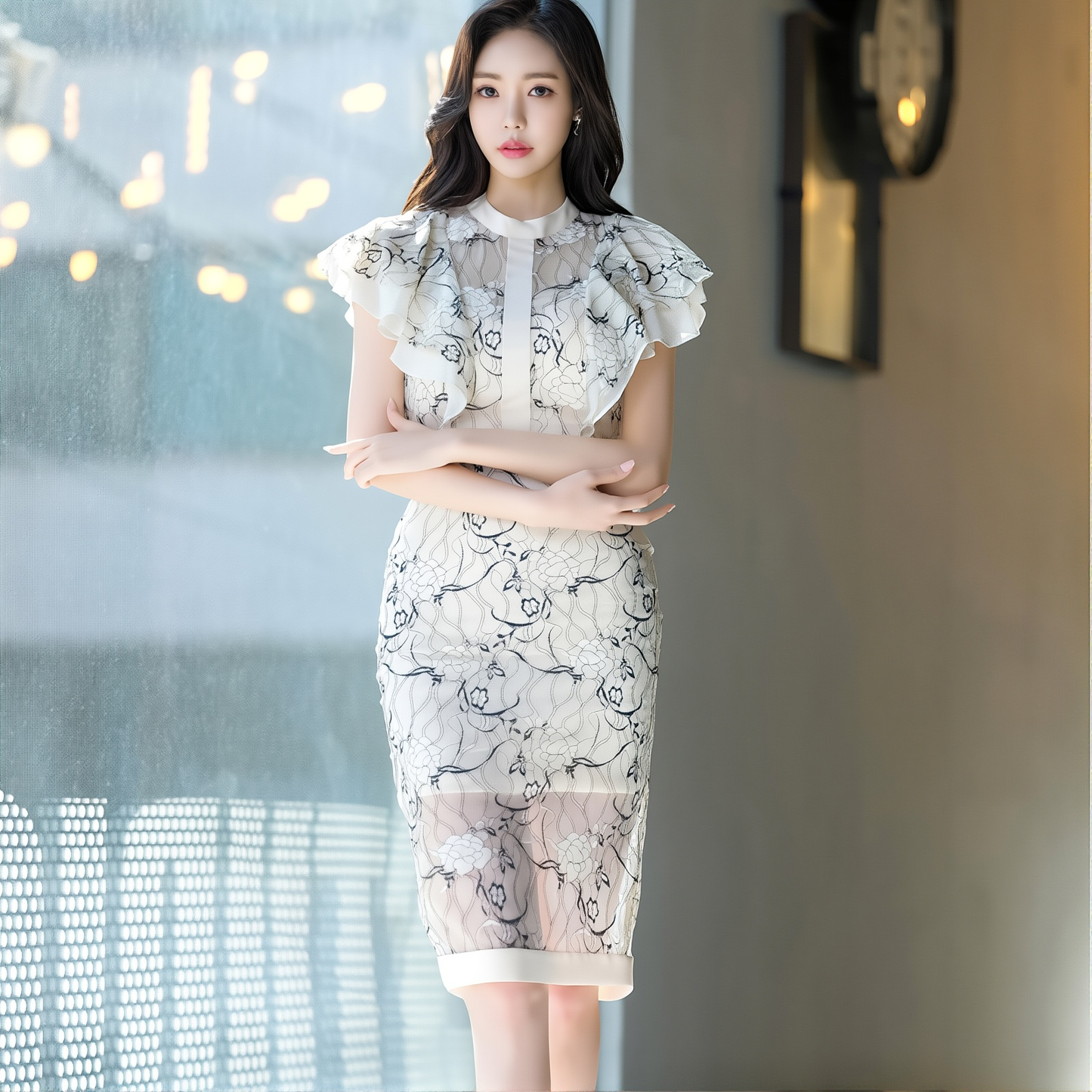 Stand-Up Collar & Lotus Sleeve Lace Dress - Ladylike Slimming Hip-Hugging Gown