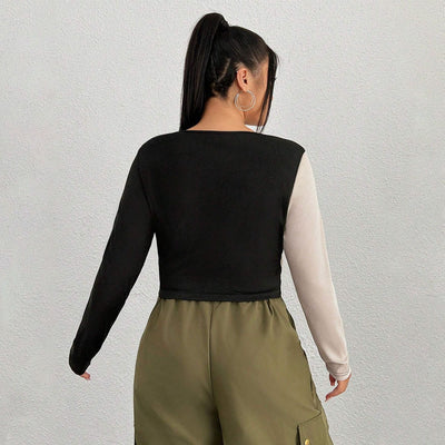 Slim Fit Midriff-baring Slimming Patchwork Round Neck Long Sleeve