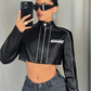 90s Spice Girls Inspired Top - Letter Print Street Style Long Sleeve Leather Jacket