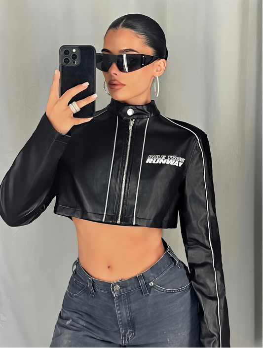 90s Spice Girls Inspired Top - Letter Print Street Style Long Sleeve Leather Jacket