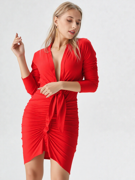 Women Lace-up Solid Color Long Sleeve Midi Dress Shirt Dress Elegant Fashion Party Dress