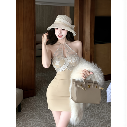 Sexy Hot Girl Lace Splicing Slim Slim Halterneck Dress 2025 Autumn And Winter New Off-shoulder Short Hip-covering Skirt