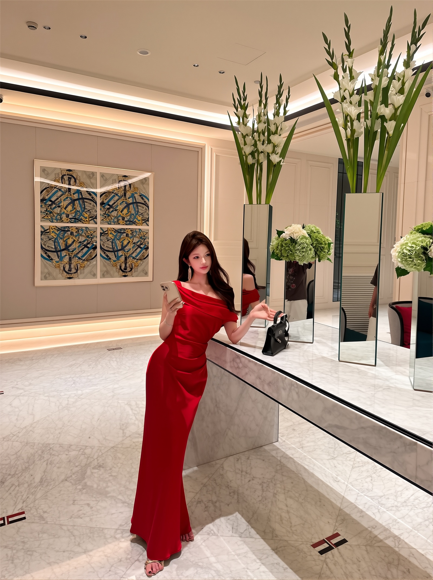 French Sloping Shoulder Red Engagement Dress - Lady Style Hip-Covering Bride's Gown