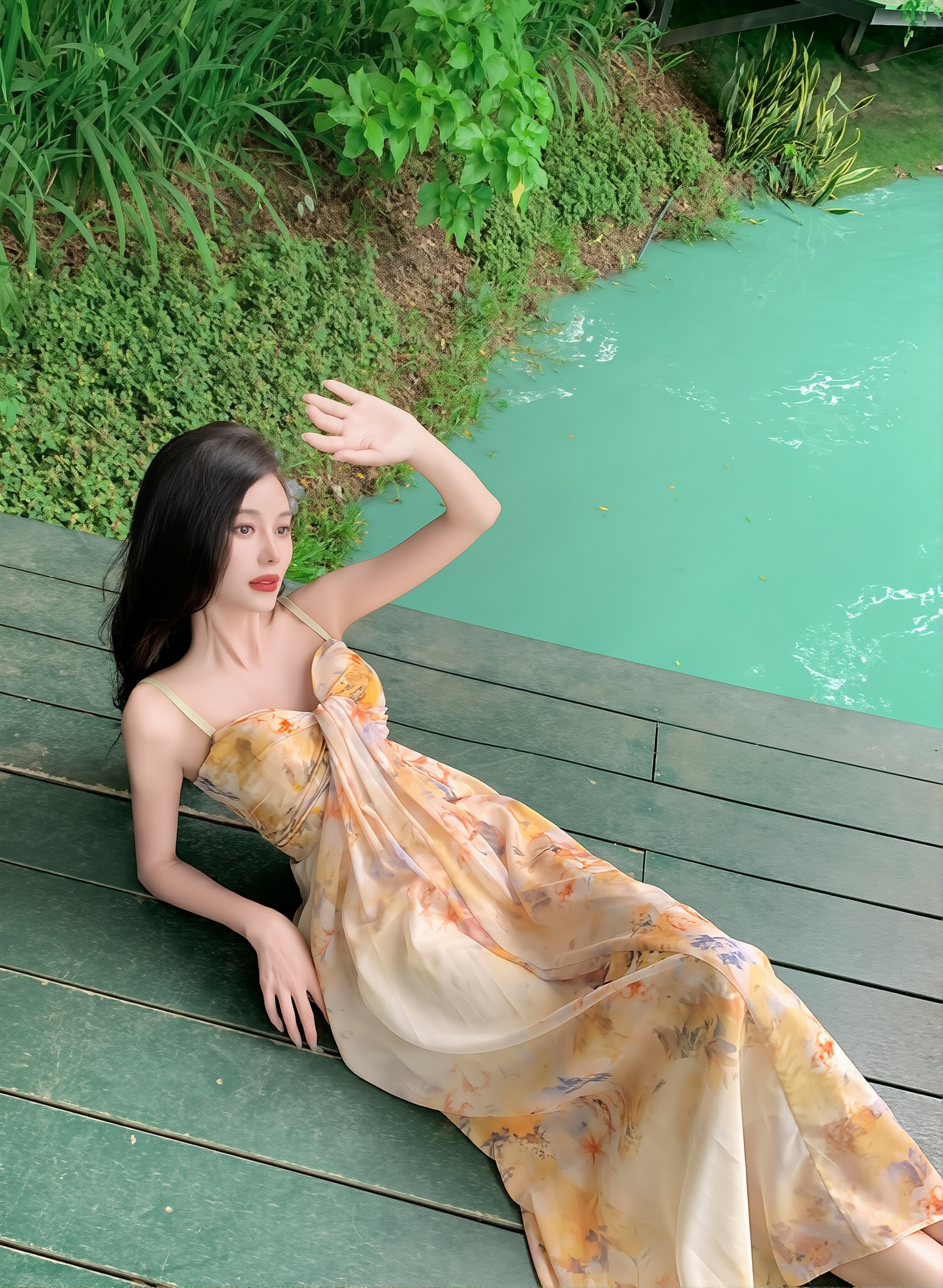 Wearable Art: French Vintage Oil Painting Sling Dress for Seaside Elegance