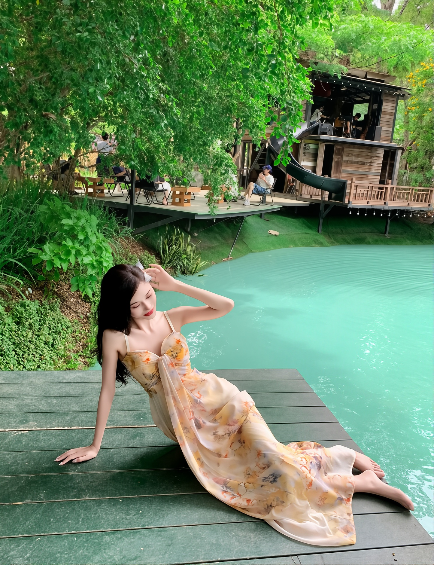 Wearable Art: French Vintage Oil Painting Sling Dress for Seaside Elegance