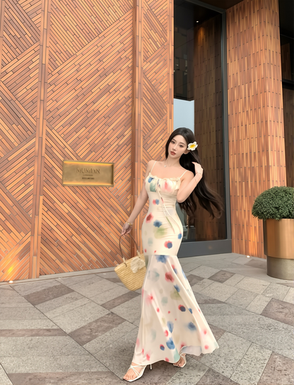 Elegant Vacation Summer Watercolor Sling Dress Women's Spring And Summer Short Long Irregular Skirt Fishtail Skirt