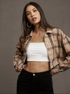 European And American Women's Clothing Short Long Sleeve Plaid Cropped Hot Girl Lapel Shirt