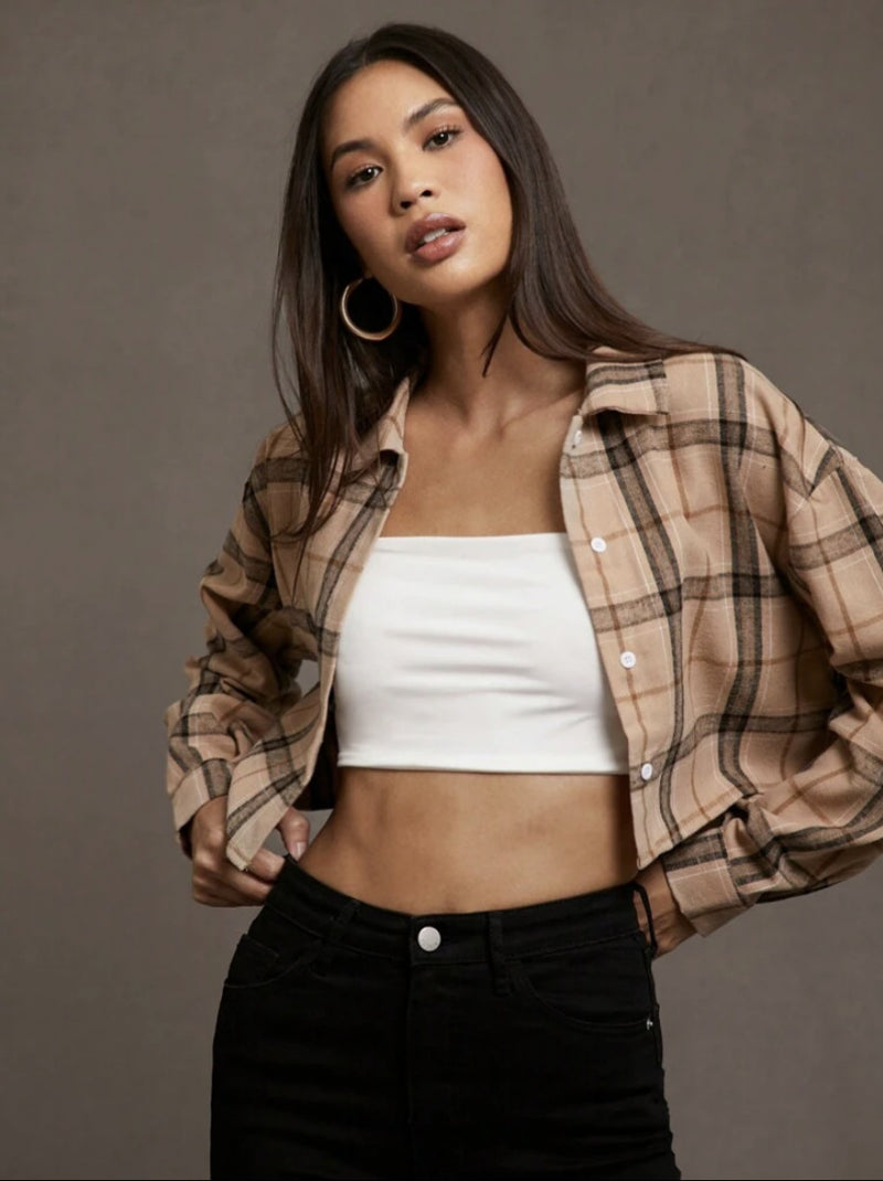 European And American Women's Clothing Short Long Sleeve Plaid Cropped Hot Girl Lapel Shirt