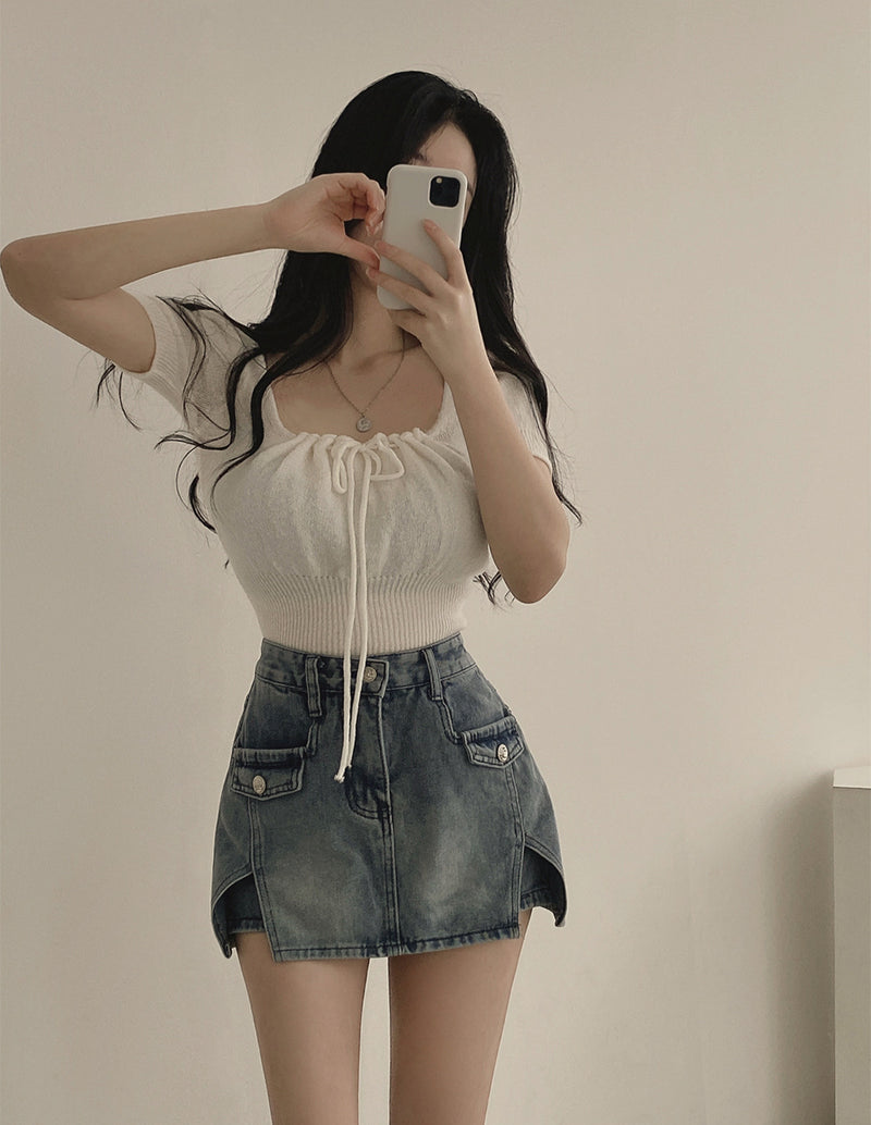 Square Collar Drawstring Short Knitwear Slim Top