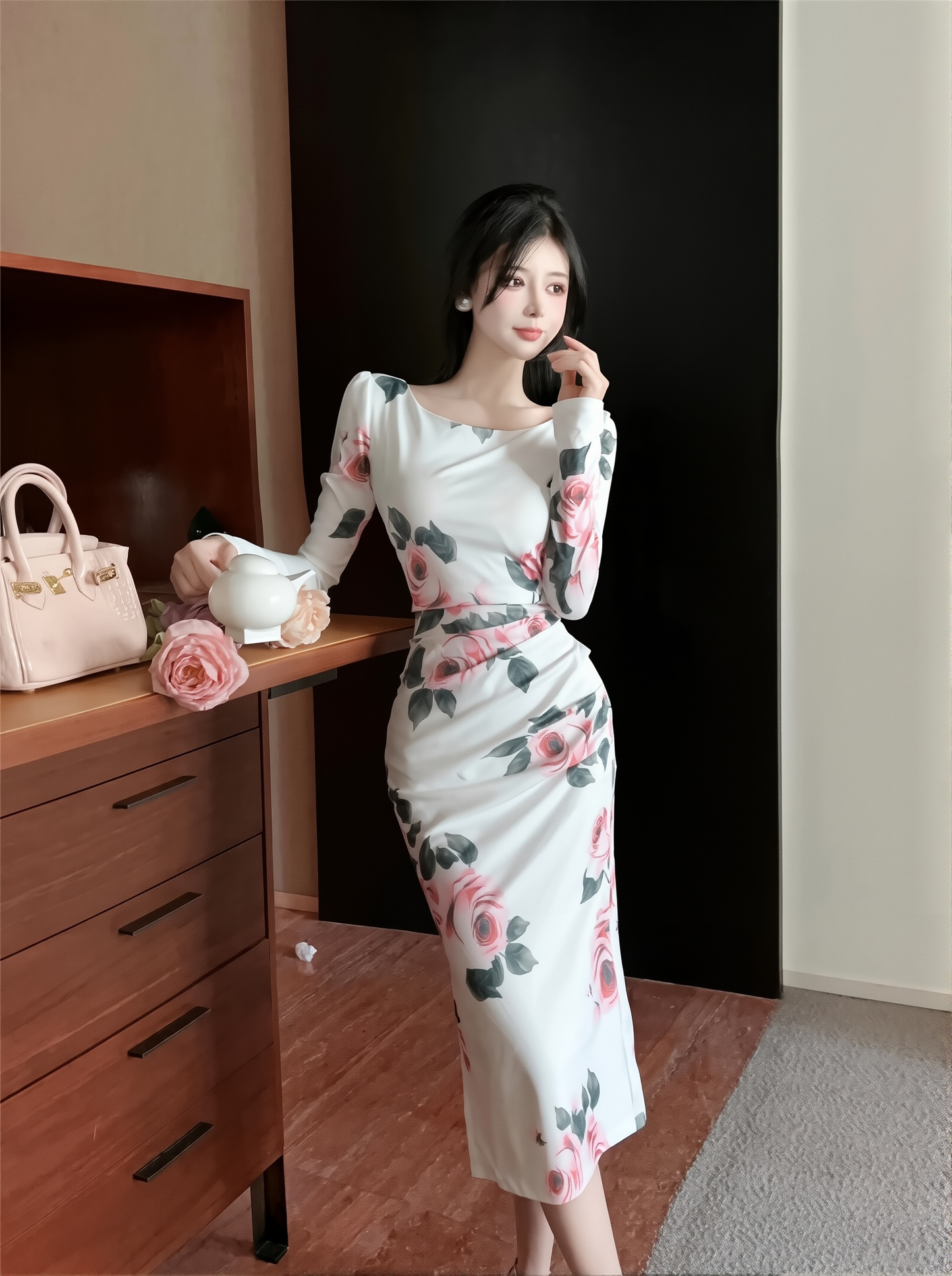 Cross-border Women's Clothing Autumn New Elegant Elegant Pleated Slim Slimming Mid-length One-step Dress Printed Dress