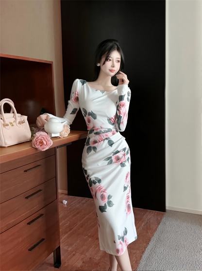 Cross-border Women's Clothing Autumn New Elegant Elegant Pleated Slim Slimming Mid-length One-step Dress Printed Dress