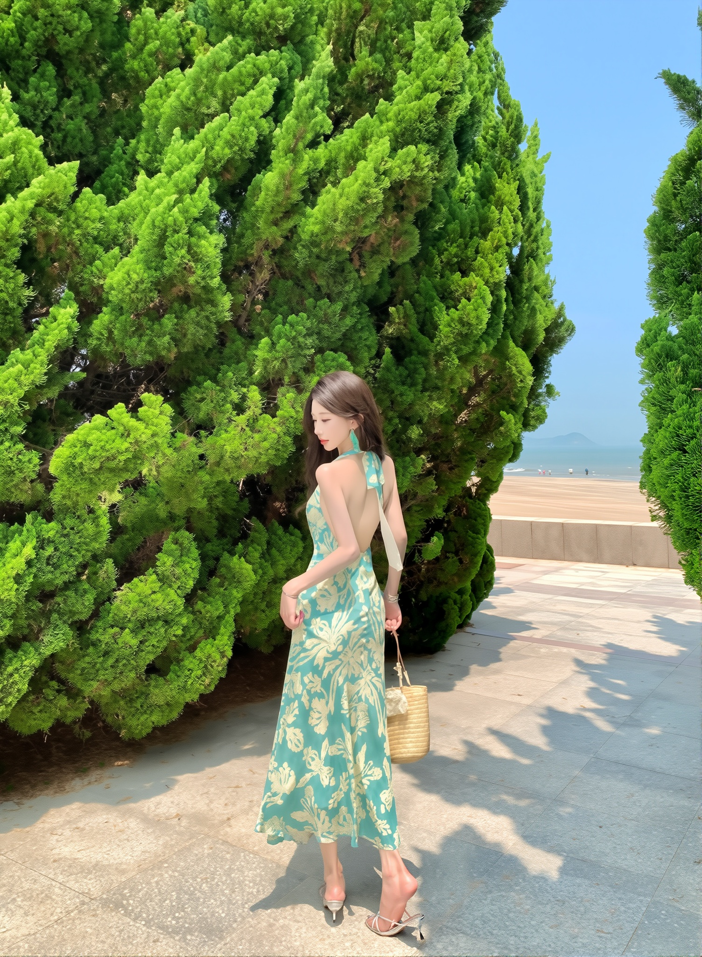 Peacock Blue French Halter Dress - V-Neck Backless Summer Gown