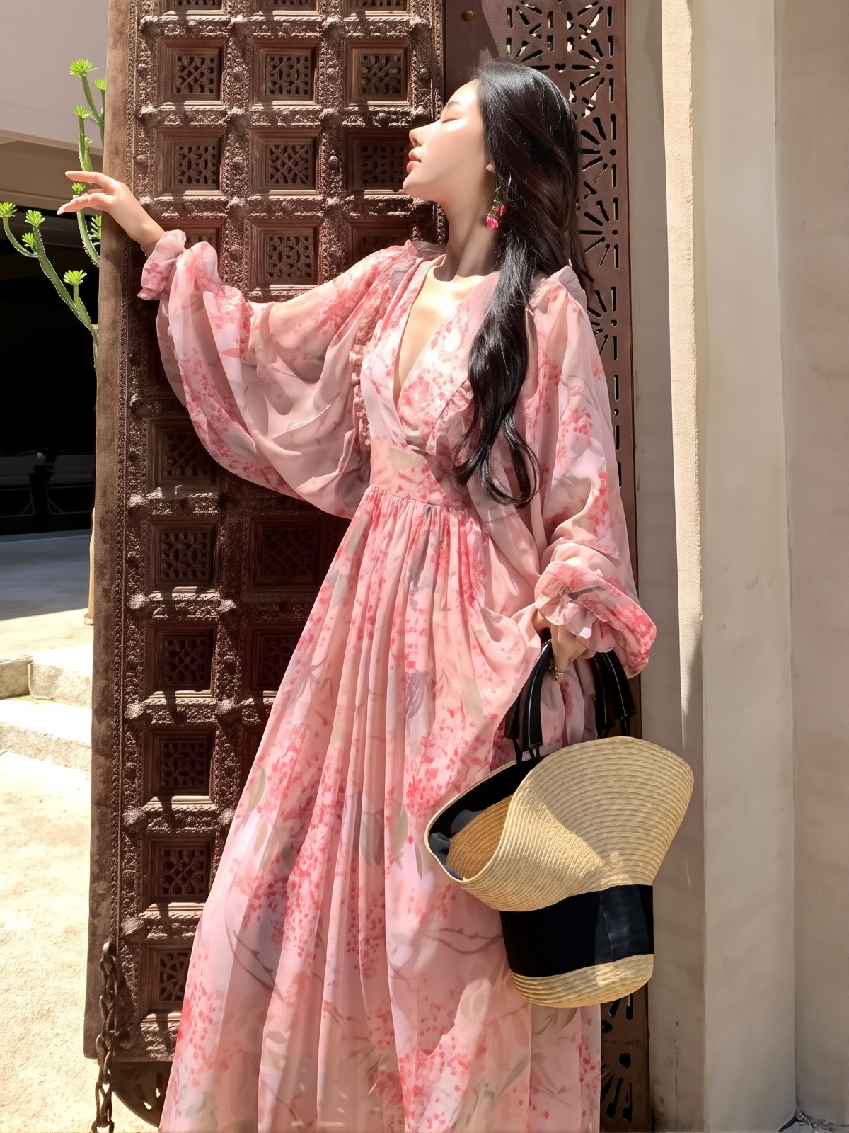 French Style Floral Tulle Dress - Elegant V-Neck A-Line Gown with Lantern Sleeves