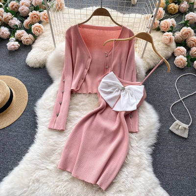 Sweet Knit Dress Dress Women's Bowknot Sling Pure Color
