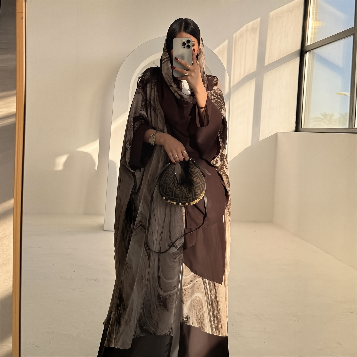 With Turban Brown Print Muslim Women's Clothing