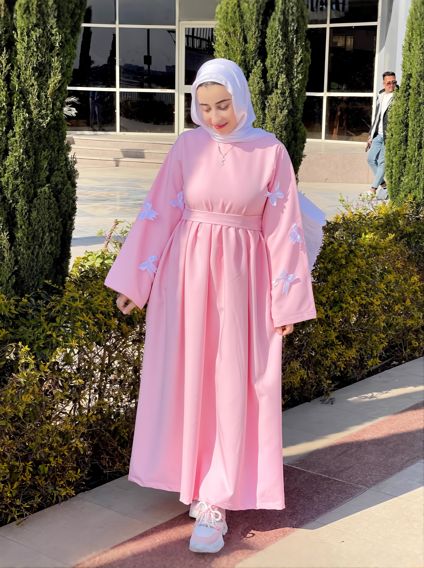 Women's Muslim Style New Three-dimensional Bow Sweet Age-reducing Waist Pink Dress