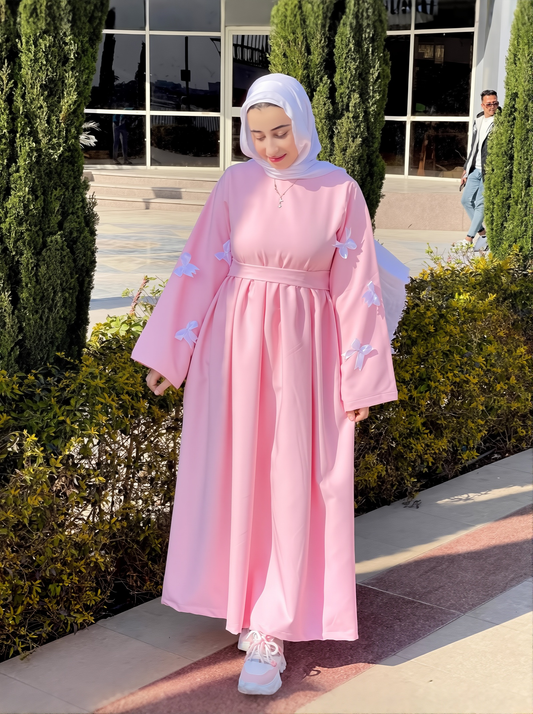 Women's Muslim Style New Three-dimensional Bow Sweet Age-reducing Waist Pink Dress