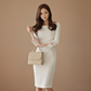 Cross-Border Dress Women's 2025 Autum New Korean Style Slim Fashion Pure Color Round Neck Lace Hip-Covering One-Step Skirt