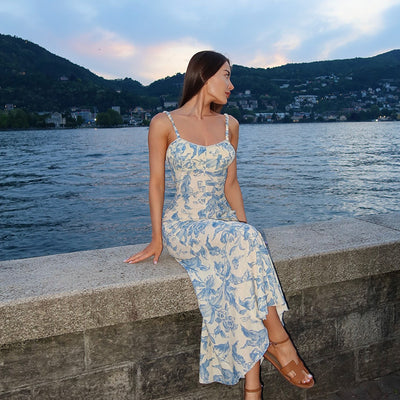 Vintage Printed Slim Fit Slimming Spaghetti Straps Dress