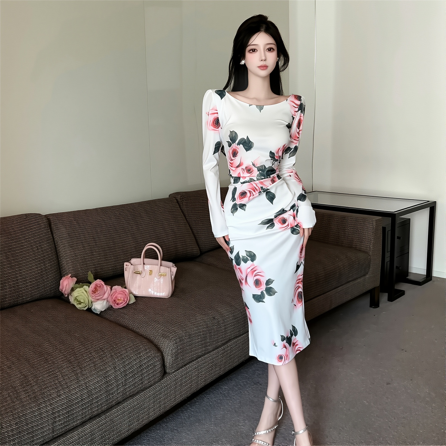 Cross-border Women's Clothing Autumn New Elegant Elegant Pleated Slim Slimming Mid-length One-step Dress Printed Dress
