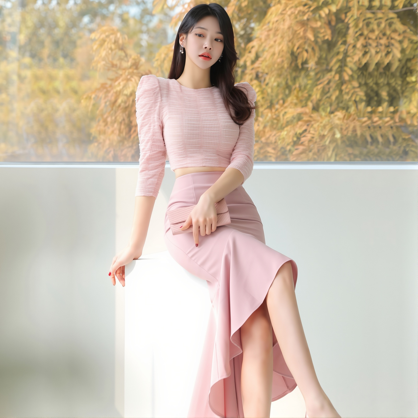 Korean Style Slim-Fitting Top And Fashionable Waist-Cinching Fishtail Skirt Two-Piece Set