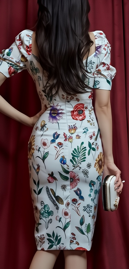 Korean Puff Sleeve Dress - V Neck Slim Fit Printed Midi For Women